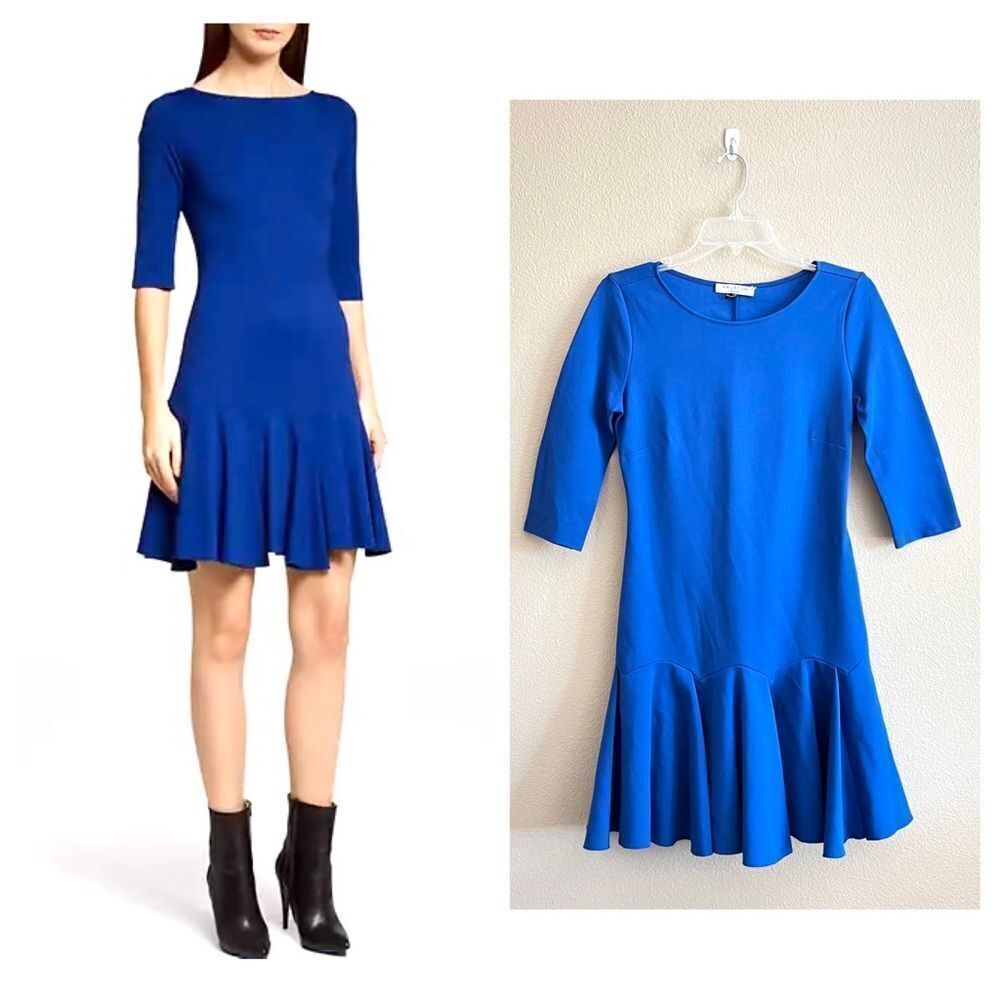 Halston Heritage Boat Neck Elbow Sleeve Flounce Skirt